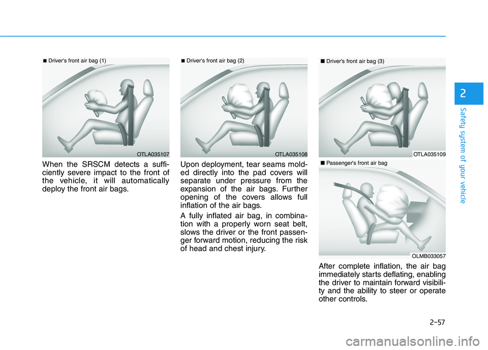 HYUNDAI TUCSON 2021  Owners Manual 2-57
Safety system of your vehicle
2
When the SRSCM detects a suffi-
ciently severe impact to the front of
the vehicle, it will automatically
deploy the front air bags.Upon deployment, tear seams mold