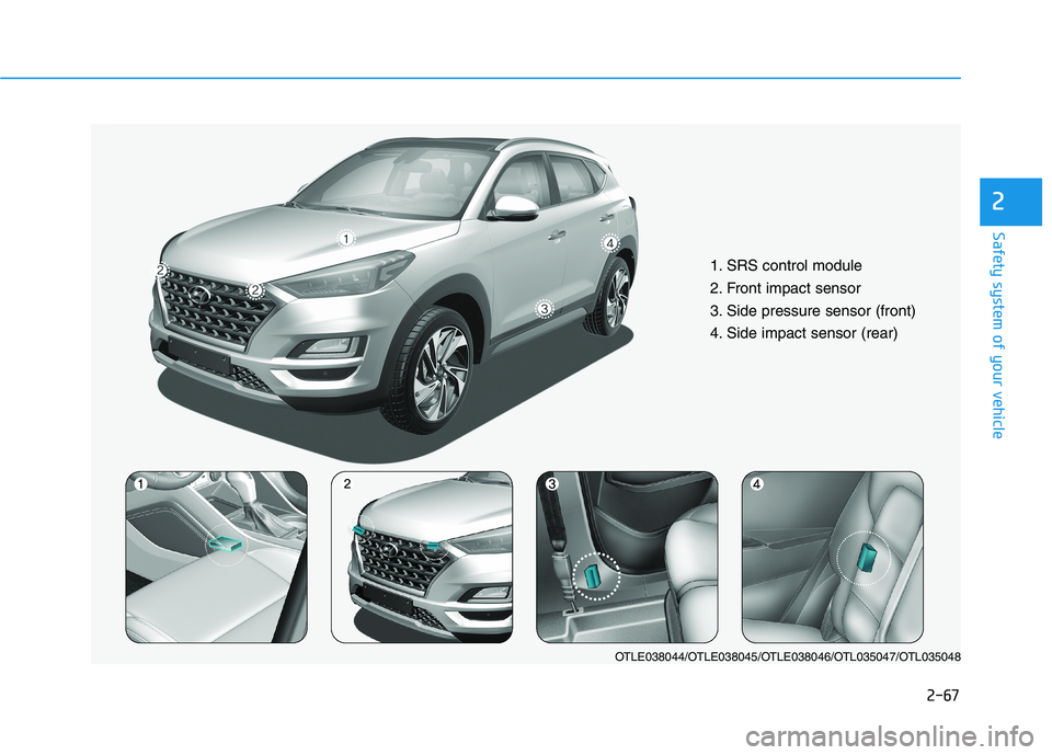 HYUNDAI TUCSON 2021  Owners Manual 2-67
Safety system of your vehicle
2
1. SRS control module
2. Front impact sensor
3. Side pressure sensor (front)  
4. Side impact sensor (rear)
OTLE038044/OTLE038045/OTLE038046/OTL035047/OTL035048 