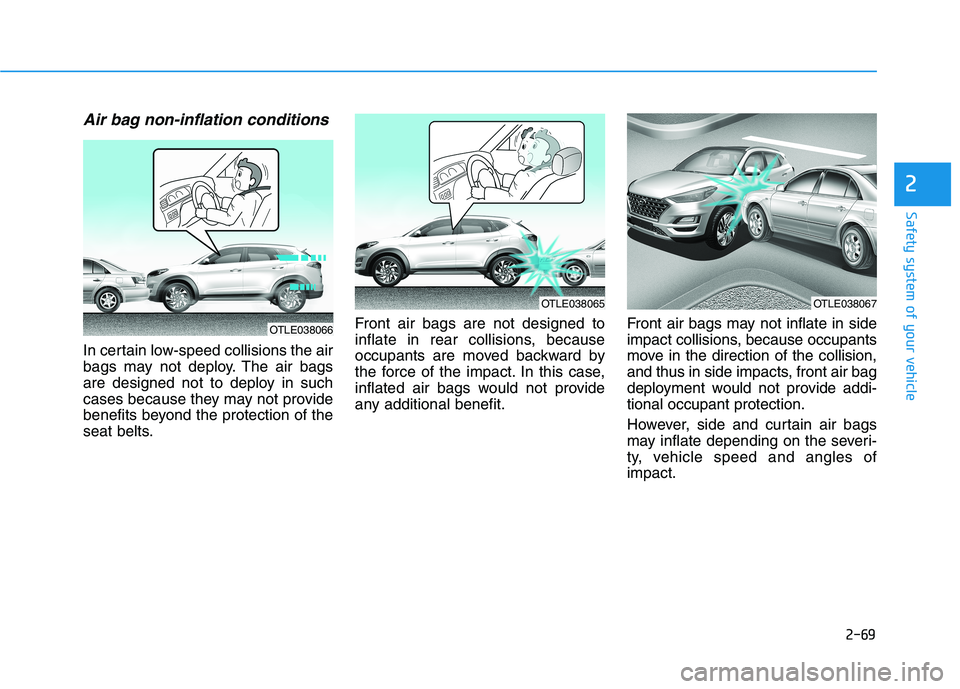 HYUNDAI TUCSON 2021  Owners Manual 2-69
Safety system of your vehicle
2
Air bag non-inflation conditions 
In certain low-speed collisions the air
bags may not deploy. The air bags
are designed not to deploy in such
cases because they m
