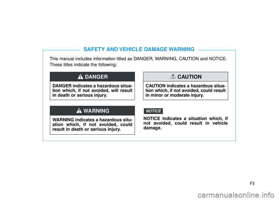 HYUNDAI TUCSON 2016  Owners Manual F3
This manual includes information titled as DANGER, WARNING, CAUTION and NOTICE. 
These titles indicate the following:
SAFETY AND VEHICLE DAMAGE WARNING
DANGER indicates a hazardous situa- 
tion whi