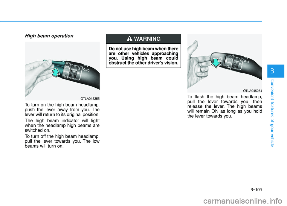 HYUNDAI TUCSON 2016  Owners Manual 3-109
Convenient features of your vehicle
3
High beam operation
To turn on the high beam headlamp, 
push the lever away from you. The
lever will return to its original position. The high beam indicato