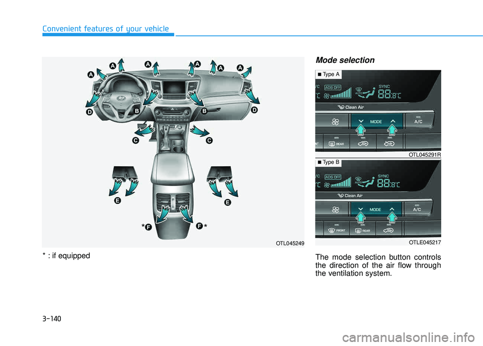 HYUNDAI TUCSON 2016  Owners Manual 3-140
Convenient features of your vehicle
Mode selection
The mode selection button controls 
the direction of the air flow through
the ventilation system.
OTL045249
*
*
* : if equipped
OTLE045217
■
