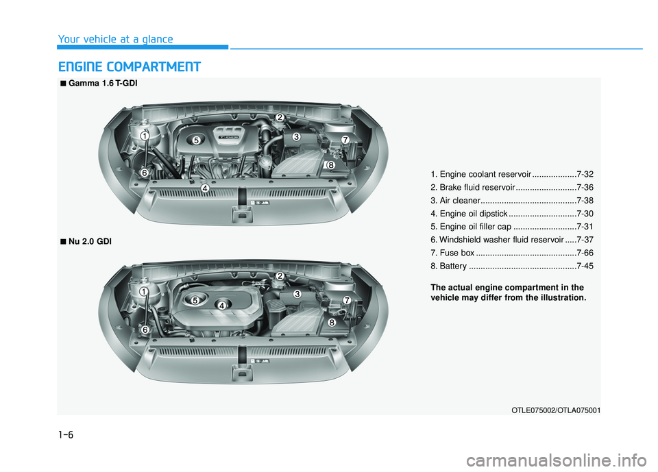 HYUNDAI TUCSON 2016  Owners Manual 1-6
Your vehicle at a glance
EENN GGIINN EE  CC OO MM PPAA RRTTMM EENN TT
1. Engine coolant reservoir ...................7-32 
2. Brake fluid reservoir ..........................7-36 
3. Air cleaner..