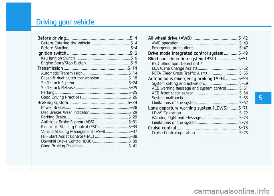 HYUNDAI TUCSON 2016  Owners Manual Driving your vehicle
5
Before driving.........................................................5-4
Before Entering the Vehicle ...........................................5-4 
Before Starting ..........