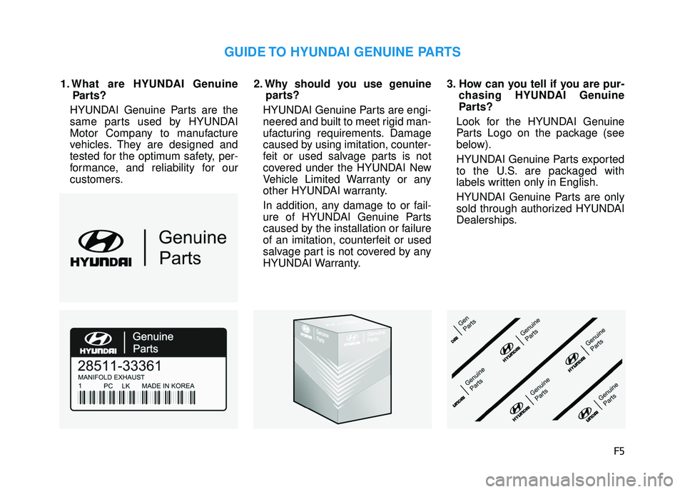 HYUNDAI TUCSON 2016  Owners Manual F5
1. What are HYUNDAI GenuineParts?
HYUNDAI Genuine Parts are the 
same parts used by HYUNDAI
Motor Company to manufacture
vehicles. They are designed and
tested for the optimum safety, per-
formance