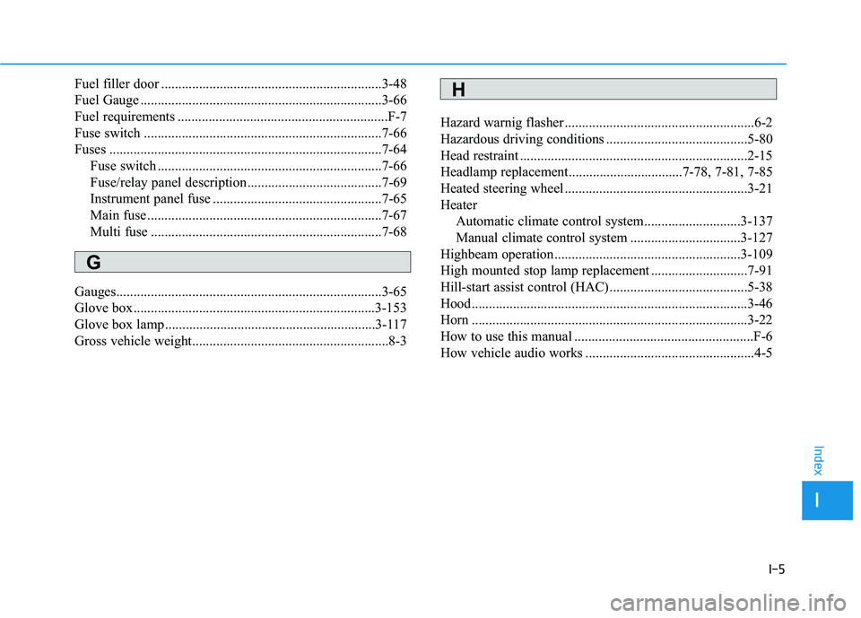 HYUNDAI TUCSON 2016  Owners Manual I-5
Fuel filler door ................................................................3-48 
Fuel Gauge ......................................................................3-66 
Fuel requirements ....