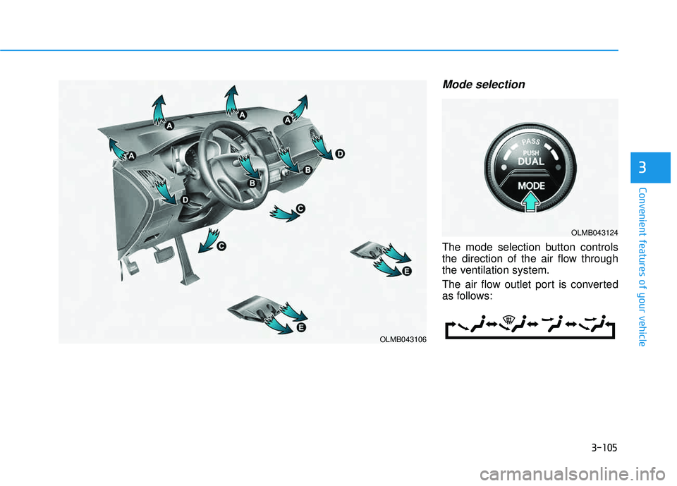 HYUNDAI TUCSON 2015  Owners Manual 3-105
Convenient features of your vehicle
Mode selection
The mode selection button controls 
the direction of the air flow through
the ventilation system. 
The air flow outlet port is converted 
as fo