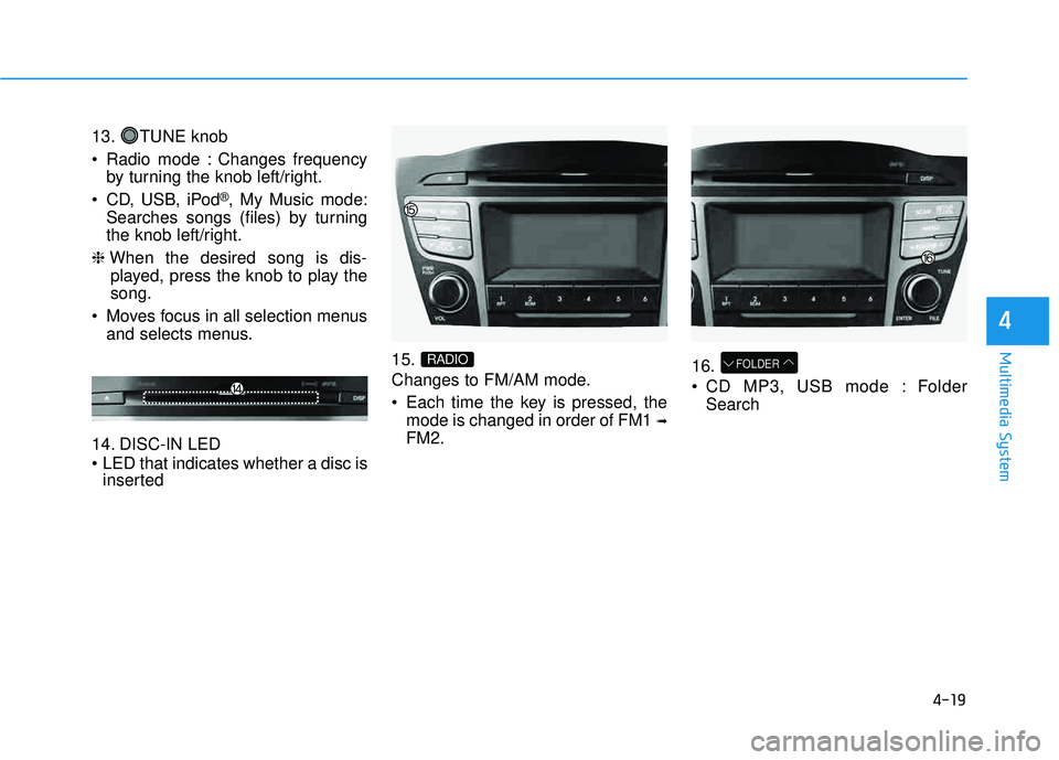 HYUNDAI TUCSON 2015  Owners Manual 4-19
Multimedia System
4
13. TUNE knob 
 Radio mode : Changes frequencyby turning the knob left/right.
 CD, USB, iPod
®, My Music mode:
Searches songs (files) by turning 
the knob left/right.
❈ Whe