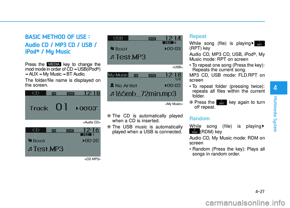 HYUNDAI TUCSON 2015  Owners Manual 4-27
Multimedia System
4
BBAA SSIICC   MM EETT HH OO DD  OO FF  UU SSEE   ::
A
A uuddiioo   CC DD   //   MM PP33  CC DD   //   UU SSBB   //
i
i PP oodd ®®
//  MM yy  MM uussiicc
Press the  key to ch