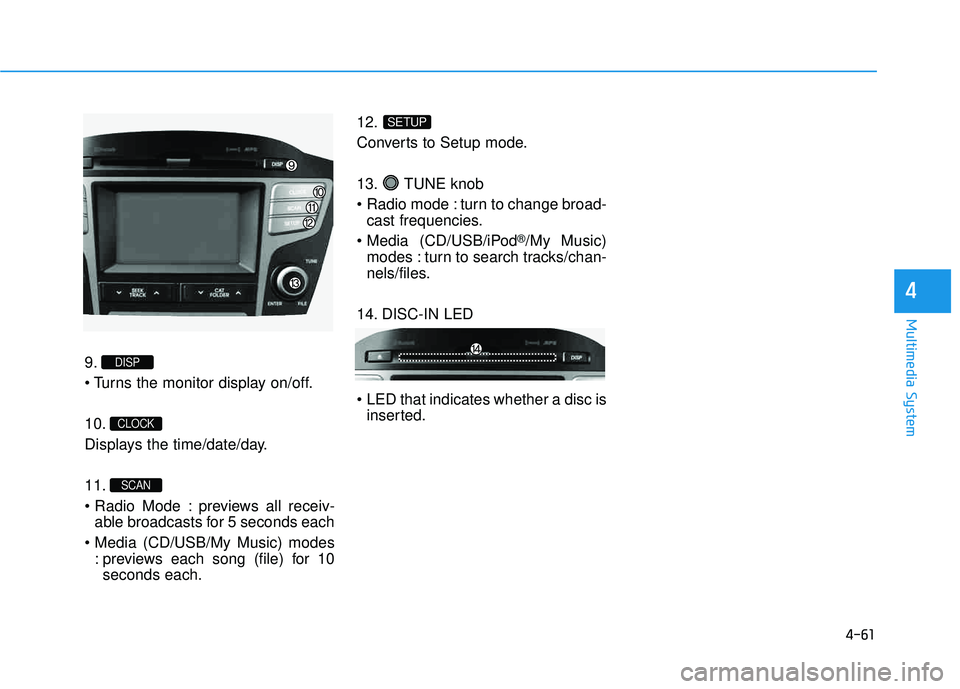 HYUNDAI TUCSON 2015  Owners Manual 4-61
Multimedia System
4
9. 
 10. 
Displays the time/date/day. 11. 
 previews all receiv-able broadcasts for 5 seconds each
 : previews each song (file) for 10seconds each. 12.
Converts to Setup mode.