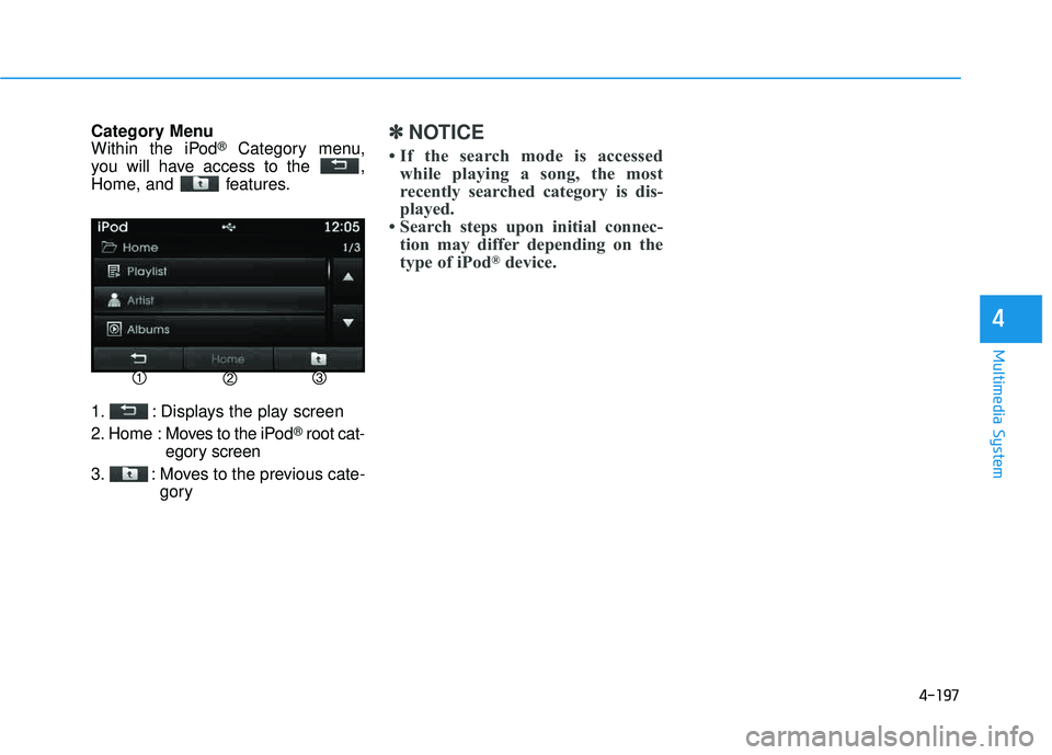 HYUNDAI TUCSON 2015  Owners Manual 4-197
Multimedia System
4
Category Menu 
Within the iPod®Category menu,
you will have access to the  , 
Home, and  features. 
1. : Displays the play screen 
2. Home  : Moves to the iPod
®root cat-
e