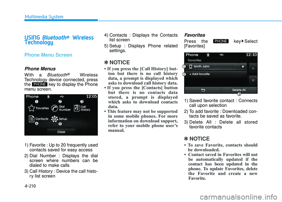 HYUNDAI TUCSON 2015  Owners Manual 4-210
Multimedia System
UUSSIINN GG  BBlluu eettoo ootthh®®WW iirr ee llee ssss
T
T eecchh nnoo lloo ggyy
Phone Menu Screen
Phone Menus
With a Bluetooth®Wireless
Technology device connected, press 