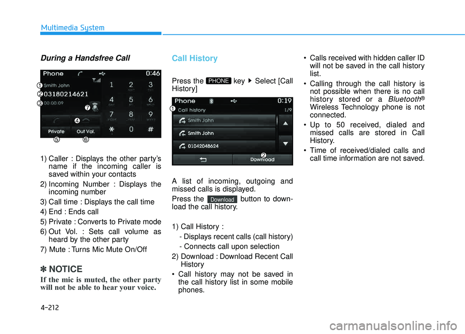 HYUNDAI TUCSON 2015  Owners Manual 4-212
Multimedia System
During a Handsfree Call
1) Caller : Displays the other party’sname if the incoming caller is 
saved within your contacts
2) Incoming Number : Displays the incoming number
3) 