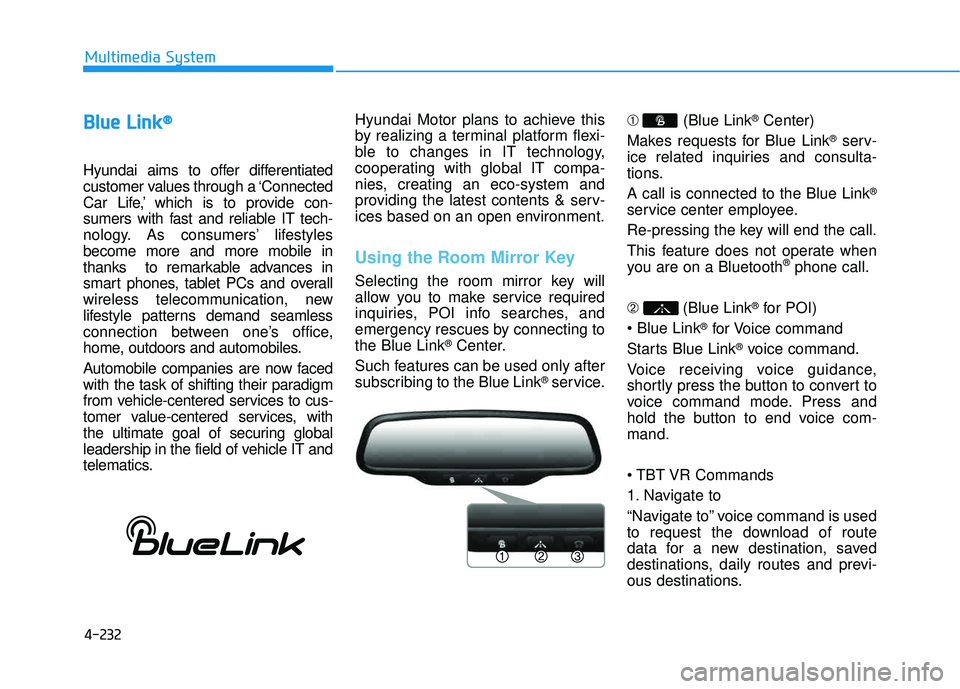 HYUNDAI TUCSON 2015  Owners Manual 4-232
Multimedia System
BBlluu ee  LL iinn kk ®®
Hyundai aims to offer differentiated 
customer values through a ‘Connected
Car Life,’ which is to provide con-
sumers with fast and reliable IT t