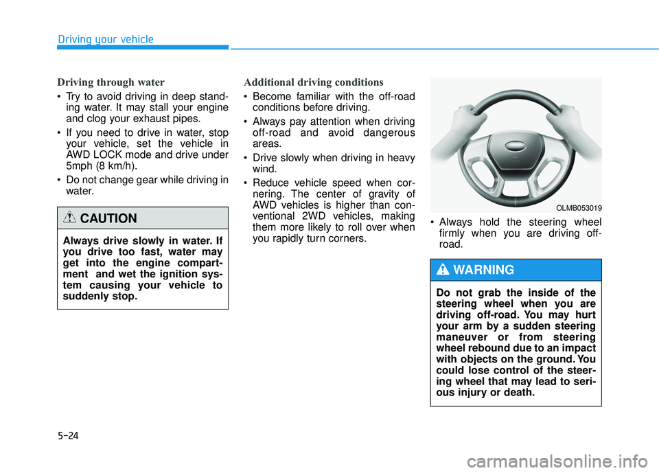 HYUNDAI TUCSON 2015  Owners Manual 5-24
Driving your vehicle
Driving through water
 Try to avoid driving in deep stand-ing water. It may stall your engine 
and clog your exhaust pipes.
 If you need to drive in water, stop your vehicle,