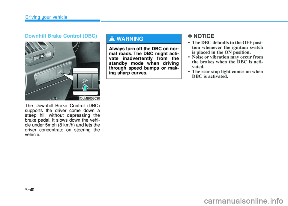 HYUNDAI TUCSON 2015  Owners Manual 5-40
Driving your vehicle
Downhill Brake Control (DBC)
The Downhill Brake Control (DBC) 
supports the driver come down asteep hill without depressing the
brake pedal. It slows down the vehi-cle under 
