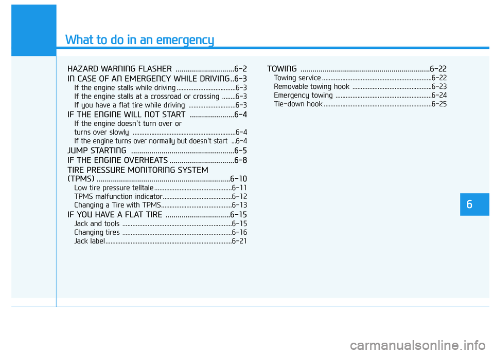 HYUNDAI TUCSON 2015  Owners Manual What to do in an emergency
HAZARD WARNING FLASHER  .............................6-2 
IN CASE OF AN EMERGENCY WHILE DRIVING ..6-3
If the engine stalls while driving ...................................6