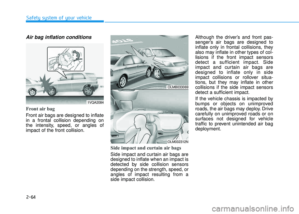 HYUNDAI TUCSON 2015  Owners Manual 2-64
Safety system of your vehicle
Air bag inflation conditions 
Front air bag 
Front air bags are designed to inflate in a frontal collision depending on
the intensity, speed, or angles ofimpact of t