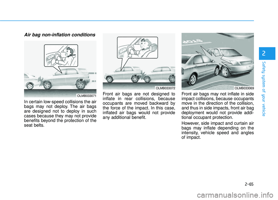 HYUNDAI TUCSON 2015  Owners Manual 2-65
Safety system of your vehicle
2
Air bag non-inflation conditions 
In certain low-speed collisions the air 
bags may not deploy. The air bags
are designed not to deploy in such
cases because they 
