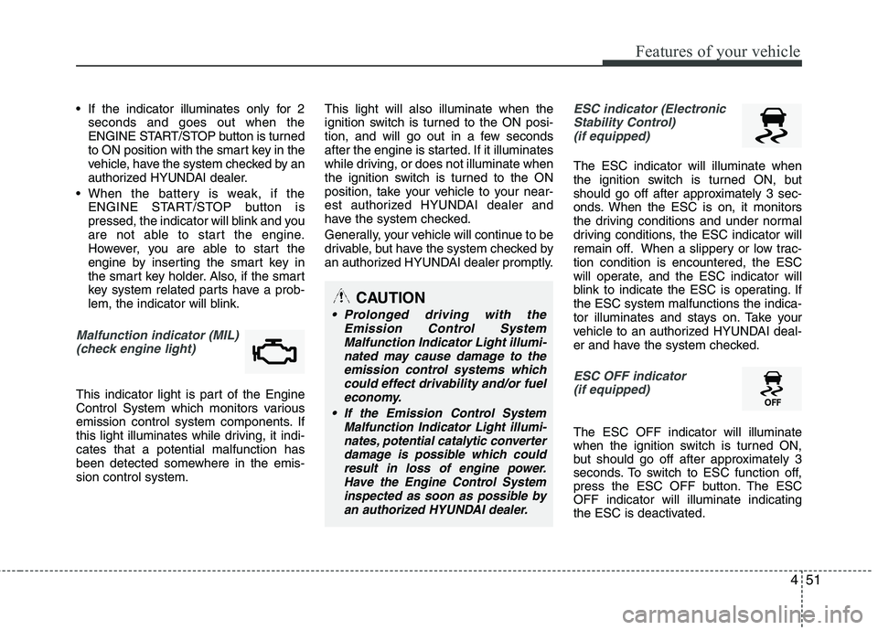 HYUNDAI TUCSON 2013 Owners Manual 451
Features of your vehicle
If the indicator illuminates only for 2seconds and goes out when the
ENGINE START/STOP button is turned
to ON position with the smart key in the
vehicle, have the system HYUNDAI TUCSON 2013 Owners Manual 451
Features of your vehicle
If the indicator illuminates only for 2seconds and goes out when the
ENGINE START/STOP button is turned
to ON position with the smart key in the
vehicle, have the system