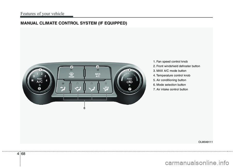 HYUNDAI TUCSON 2013  Owners Manual Features of your vehicle
68
4
MANUAL CLIMATE CONTROL SYSTEM (IF EQUIPPED)
OLM049111
1. Fan speed control knob 
2. Front windshield defroster button 
3. MAX A/C mode button
4. Temperature control knob 