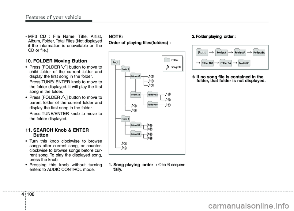 HYUNDAI TUCSON 2013 Owners Manual Features of your vehicle
108
4
- MP3 CD : File Name, Title, Artist,
Album, Folder, Total Files (Not displayed
if the information is unavailable on the
CD or file.)
10. FOLDER Moving Button
Press [F HYUNDAI TUCSON 2013 Owners Manual Features of your vehicle
108
4
- MP3 CD : File Name, Title, Artist,
Album, Folder, Total Files (Not displayed
if the information is unavailable on the
CD or file.)
10. FOLDER Moving Button
Press [F