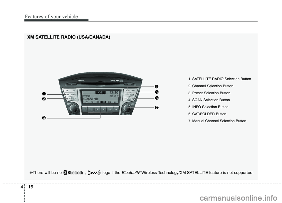 HYUNDAI TUCSON 2013  Owners Manual Features of your vehicle
116
4
❋ There will be no  ,  logo if the Bluetooth ®Wireless Technology/XM SATELLITE feature is not supported.
XM SATELLITE RADIO (USA/CANADA)
1. SATELLITE RADIO Selection 