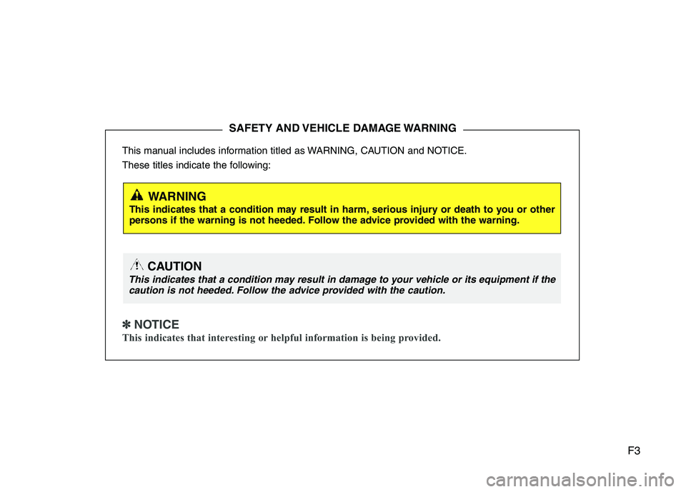 HYUNDAI TUCSON 2013  Owners Manual F3
This manual includes information titled as WARNING, CAUTION and NOTICE. 
These titles indicate the following:
✽✽  
NOTICE
This indicates that interesting or helpful information is being provide
