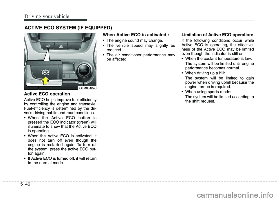 HYUNDAI TUCSON 2013 Owners Manual Driving your vehicle
46
5
Active ECO operation
Active ECO helps improve fuel efficiency
by controlling the engine and transaxle.
Fuel-efficiency is determined by the dri-
vers driving habits and ro HYUNDAI TUCSON 2013 Owners Manual Driving your vehicle
46
5
Active ECO operation
Active ECO helps improve fuel efficiency
by controlling the engine and transaxle.
Fuel-efficiency is determined by the dri-
vers driving habits and ro