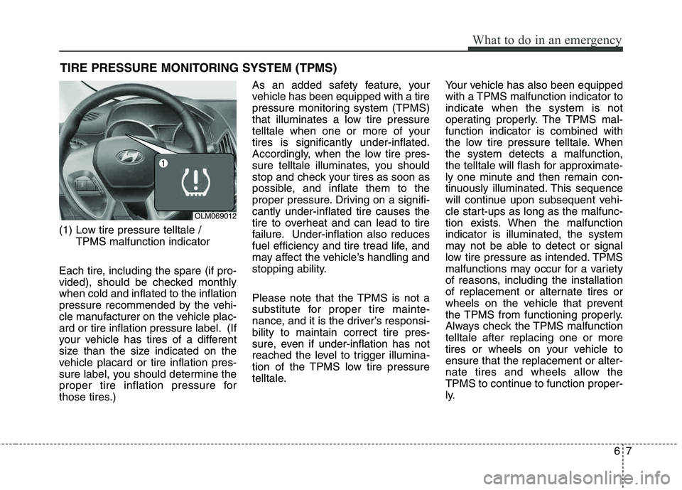 HYUNDAI TUCSON 2013 Owners Manual 67
What to do in an emergency
TIRE PRESSURE MONITORING SYSTEM (TPMS)
(1) Low tire pressure telltale / TPMS malfunction indicator
Each tire, including the spare (if pro-
vided), should be checked mont HYUNDAI TUCSON 2013 Owners Manual 67
What to do in an emergency
TIRE PRESSURE MONITORING SYSTEM (TPMS)
(1) Low tire pressure telltale / TPMS malfunction indicator
Each tire, including the spare (if pro-
vided), should be checked mont