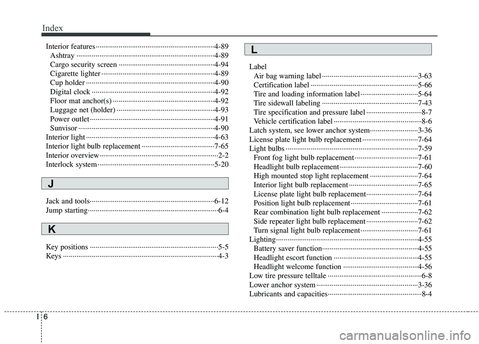 HYUNDAI TUCSON 2013 Owners Manual Index
6I
Interior features······························································4-89Ashtray ··················· HYUNDAI TUCSON 2013 Owners Manual Index
6I
Interior features······························································4-89Ashtray ···················