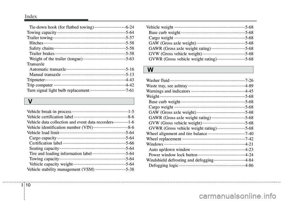 HYUNDAI TUCSON 2013 Owners Manual Index
10I
Tie-down hook (for flatbed towing) ····························6-24
Towing capacity ······································· HYUNDAI TUCSON 2013 Owners Manual Index
10I
Tie-down hook (for flatbed towing) ····························6-24
Towing capacity ·······································