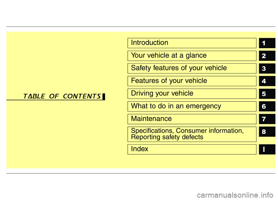 HYUNDAI TUCSON 2013  Owners Manual 1 2 3 4 5 6 7 8
I
Introduction
Your vehicle at a glance
Safety features of your vehicle
Features of your vehicle
Driving your vehicle
What to do in an emergency
Maintenance
Specifications, Consumer in
