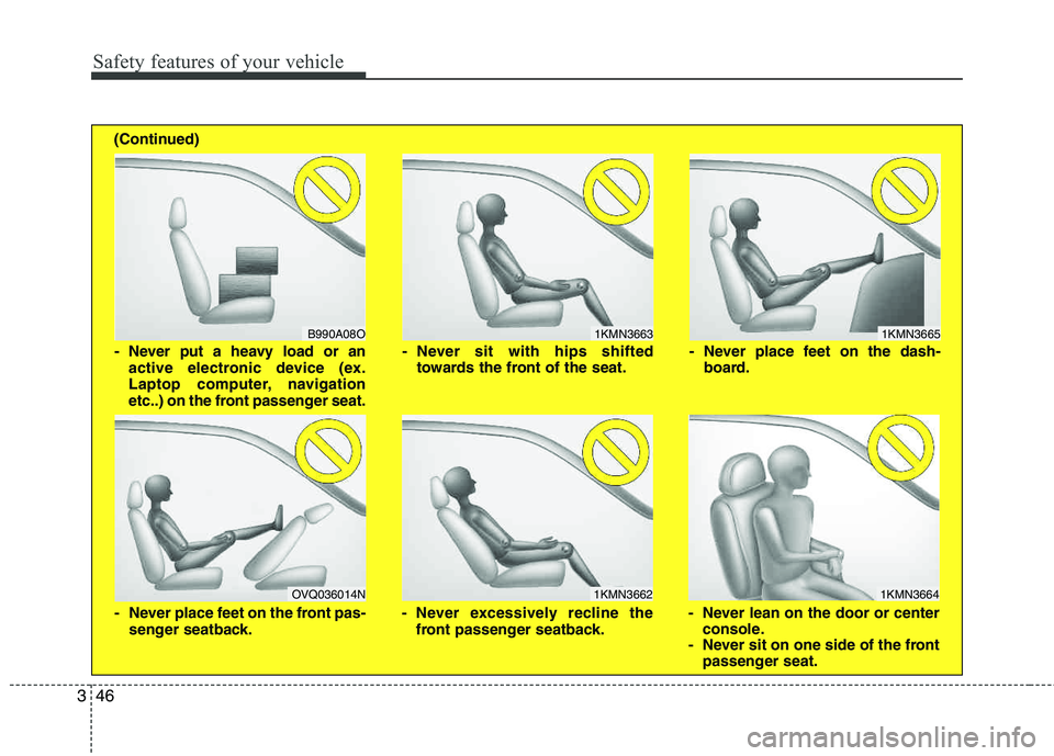 HYUNDAI TUCSON 2013  Owners Manual Safety features of your vehicle
46
3
1KMN3663
1KMN3664
1KMN3665
- Never sit with hips shifted towards the front of the seat.
- Never lean on the door or centerconsole.
- Never sit on one side of the f