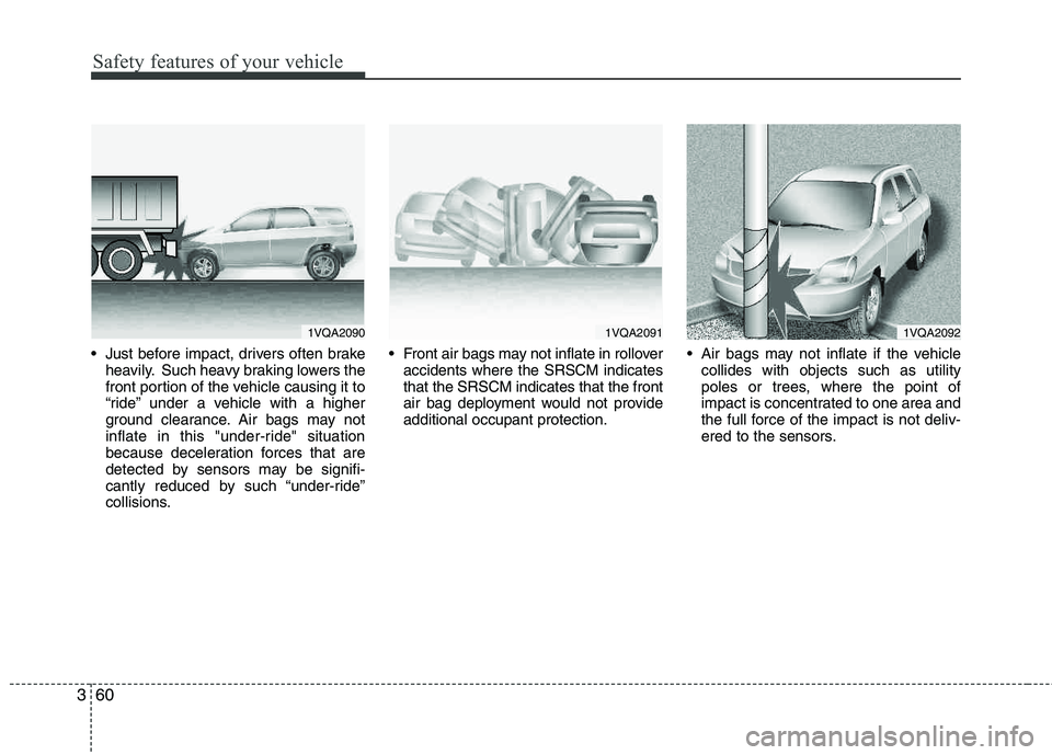HYUNDAI TUCSON 2013  Owners Manual Safety features of your vehicle
60
3
 Just before impact, drivers often brake
heavily. Such heavy braking lowers the 
front portion of the vehicle causing it to 
“ride” under a vehicle with a high