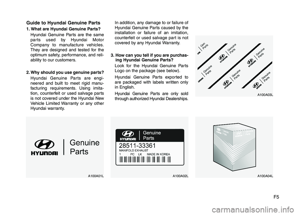 HYUNDAI TUCSON 2012 Owners Manual F5
Guide to Hyundai Genuine Parts
1. What are Hyundai Genuine Parts?
Hyundai Genuine Parts are the same
parts used by Hyundai Motor
Company to manufacture vehicles.
They are designed and tested for HYUNDAI TUCSON 2012 Owners Manual F5
Guide to Hyundai Genuine Parts
1. What are Hyundai Genuine Parts?
Hyundai Genuine Parts are the same
parts used by Hyundai Motor
Company to manufacture vehicles.
They are designed and tested for