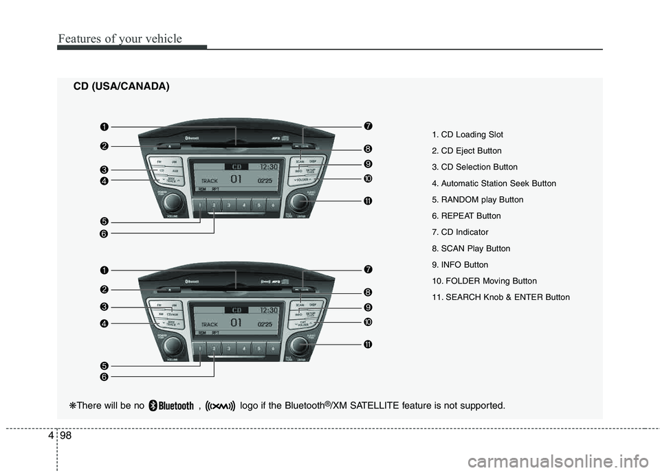 HYUNDAI TUCSON 2012  Owners Manual Features of your vehicle
98
4
CD (USA/CANADA)
❋ There will be no  ,  logo if the Bluetooth ®
/XM SATELLITE feature is not supported.
1. CD Loading Slot 
2. CD Eject Button 
3. CD Selection Button
4