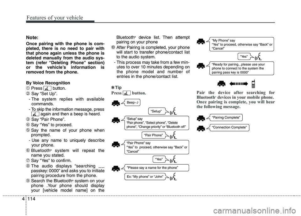 HYUNDAI TUCSON 2011  Owners Manual Features of your vehicle
114
4
Note:
Once pairing with the phone is com- 
pleted, there is no need to pair with 
that phone again unless the phone is 
deleted manually from the audio sys-
tem (refer 
