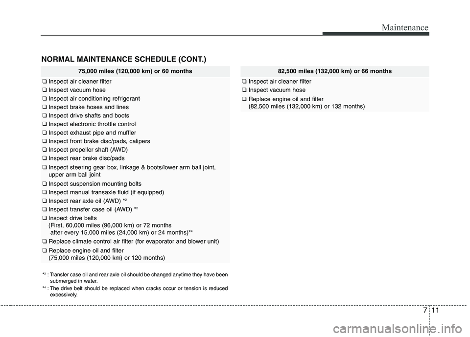 HYUNDAI TUCSON 2011  Owners Manual 711
Maintenance
NORMAL MAINTENANCE SCHEDULE (CONT.)
75,000 miles (120,000 km) or 60 months
❑Inspect air cleaner filter
❑Inspect vacuum hose
❑Inspect air conditioning refrigerant
❑Inspect brake