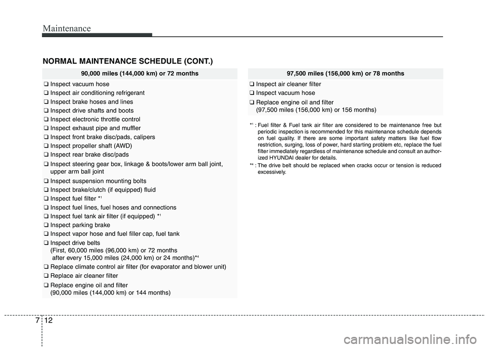 HYUNDAI TUCSON 2011  Owners Manual Maintenance
12
7
NORMAL MAINTENANCE SCHEDULE (CONT.)
97,500 miles (156,000 km) or 78 months
❑ Inspect air cleaner filter
❑Inspect vacuum hose
❑Replace engine oil and filter  (97,500 miles (156,0