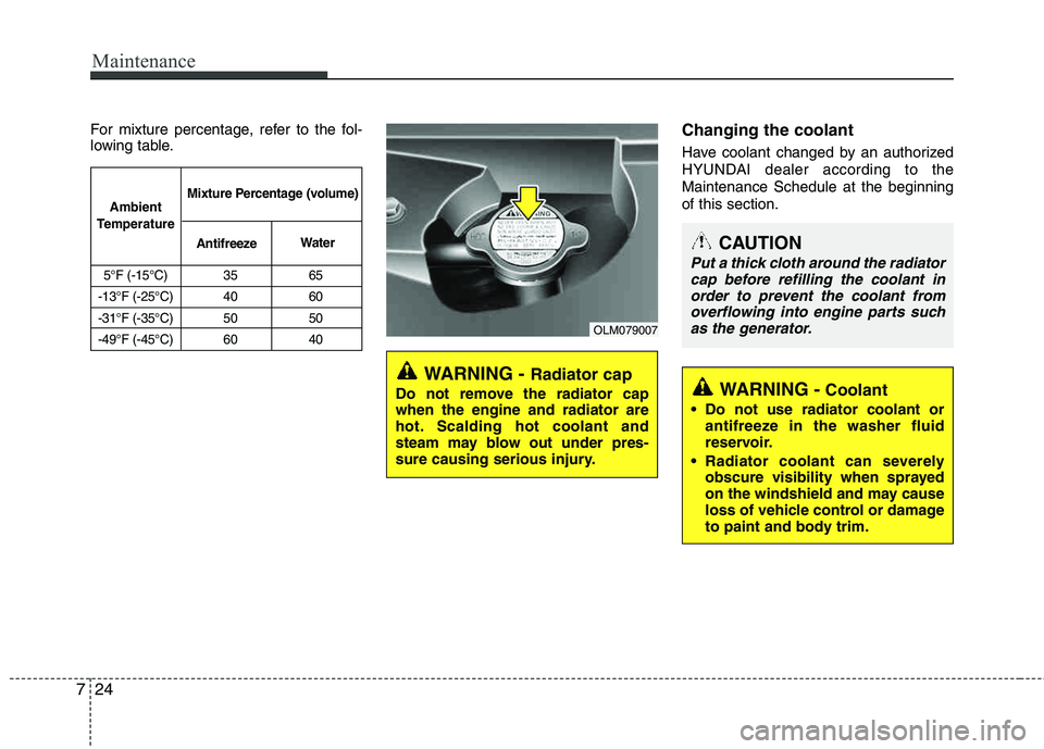 HYUNDAI TUCSON 2011  Owners Manual Maintenance
24
7
For mixture percentage, refer to the fol- 
lowing table.Changing the coolant
Have coolant changed by an authorized 
HYUNDAI dealer according to theMaintenance Schedule at the beginnin
