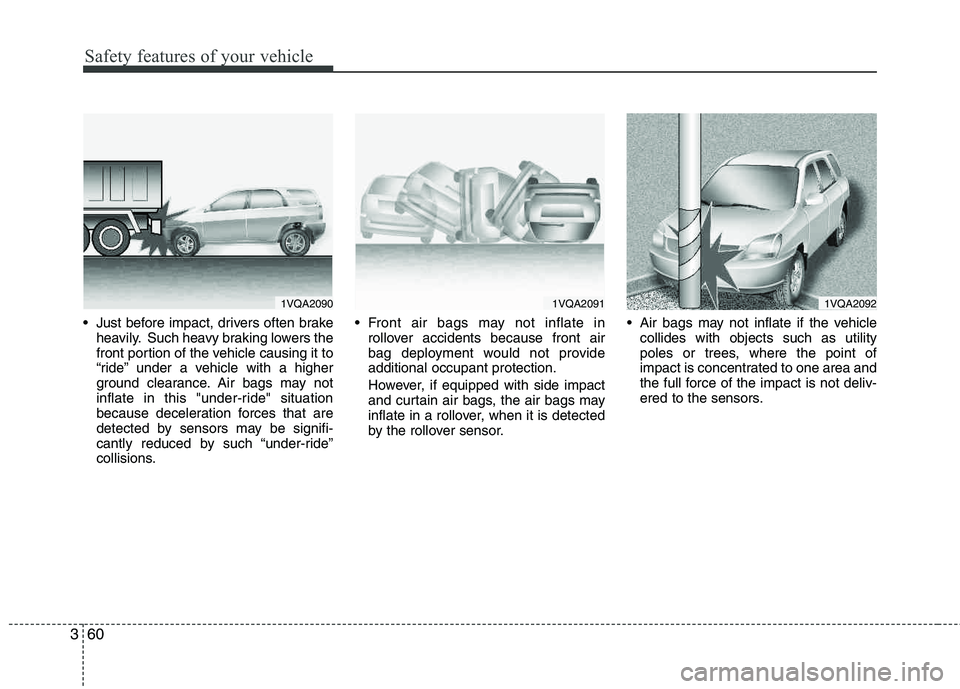 HYUNDAI TUCSON 2011  Owners Manual Safety features of your vehicle
60
3
 Just before impact, drivers often brake
heavily. Such heavy braking lowers the 
front portion of the vehicle causing it to 
“ride” under a vehicle with a high