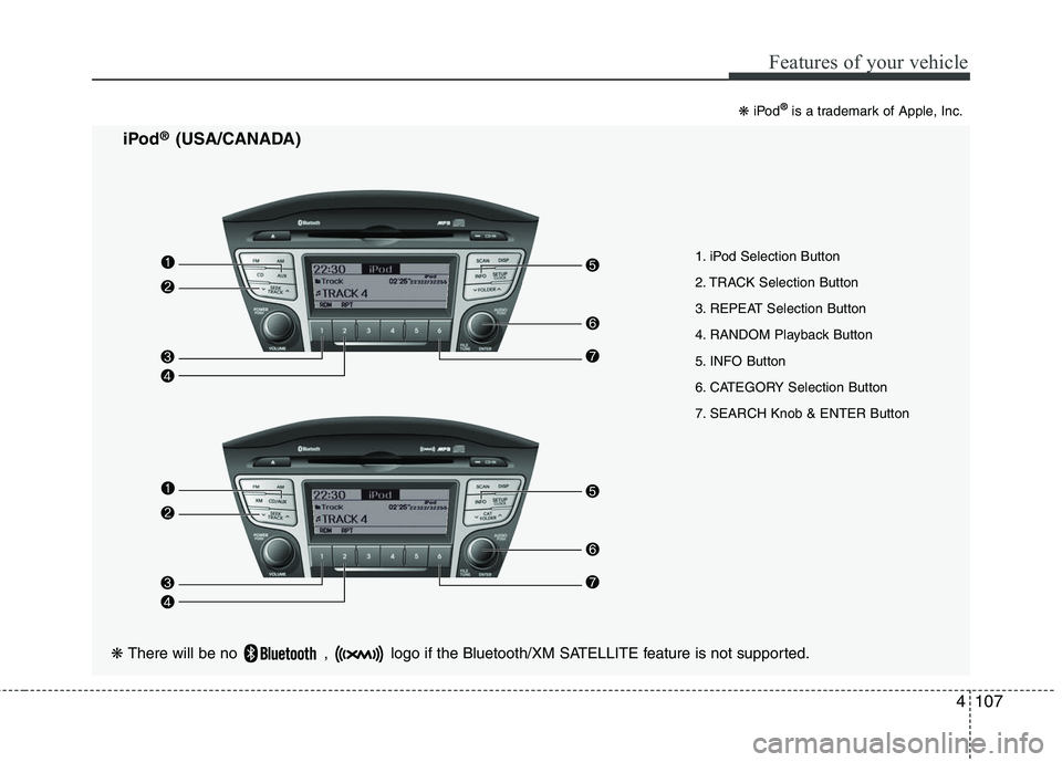 HYUNDAI TUCSON 2010  Owners Manual 
4107
Features of your vehicle

1. iPod Selection Button
2. TRACK Selection Button
3. REPEAT Selection Button
4. RANDOM Playback Button
5. INFO Button
6. CATEGORY Selection Button
7. SEARCH Knob & ENT