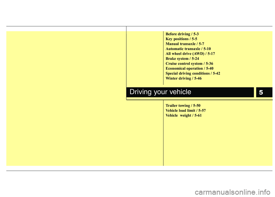HYUNDAI TUCSON 2010  Owners Manual 
5
Before driving / 5-3
Key positions / 5-5
Manual transaxle / 5-7
Automatic transaxle / 5-10
All wheel drive (AWD) / 5-17
Brake system / 5-24
Cruise control system / 5-36
Economical operation / 5-40
