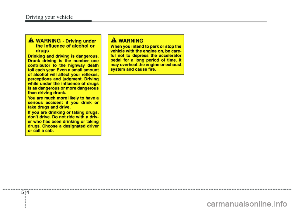 HYUNDAI TUCSON 2010  Owners Manual 
Driving your vehicle
4
5
WARNING- Driving under
the influence of alcohol or
drugs
Drinking and driving is dangerous.
Drunk driving is the number one
contributor to the highway death
toll each year. E