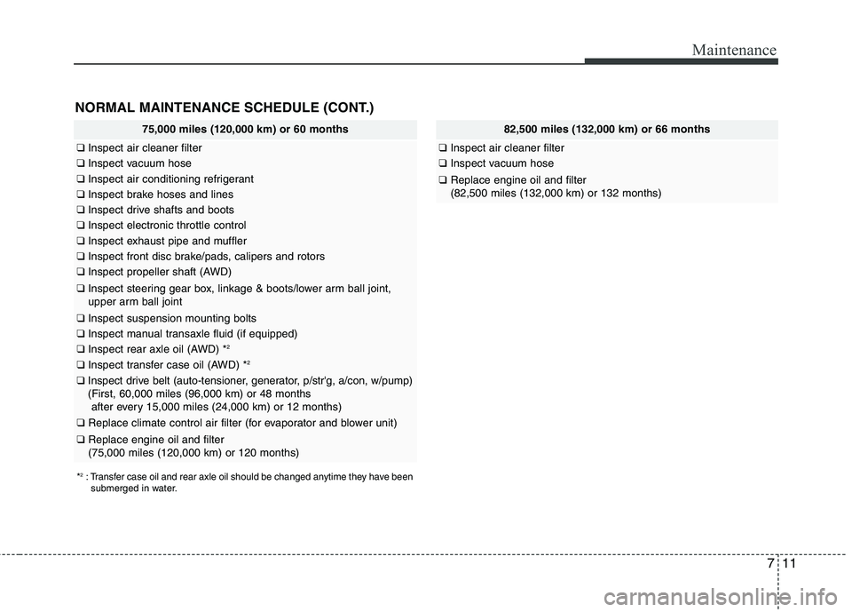 HYUNDAI TUCSON 2010 Owners Manual
711
Maintenance
NORMAL MAINTENANCE SCHEDULE (CONT.)
75,000 miles (120,000 km) or 60 months
❑Inspect air cleaner filter
❑Inspect vacuum hose
❑Inspect air conditioning refrigerant
❑Inspect brak HYUNDAI TUCSON 2010 Owners Manual
711
Maintenance
NORMAL MAINTENANCE SCHEDULE (CONT.)
75,000 miles (120,000 km) or 60 months
❑Inspect air cleaner filter
❑Inspect vacuum hose
❑Inspect air conditioning refrigerant
❑Inspect brak