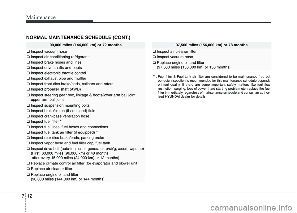 HYUNDAI TUCSON 2010 Owners Manual
Maintenance
12
7
NORMAL MAINTENANCE SCHEDULE (CONT.)
97,500 miles (156,000 km) or 78 months
❑ Inspect air cleaner filter
❑Inspect vacuum hose
❑Replace engine oil and filter
(97,500 miles (156, HYUNDAI TUCSON 2010 Owners Manual
Maintenance
12
7
NORMAL MAINTENANCE SCHEDULE (CONT.)
97,500 miles (156,000 km) or 78 months
❑ Inspect air cleaner filter
❑Inspect vacuum hose
❑Replace engine oil and filter
(97,500 miles (156,