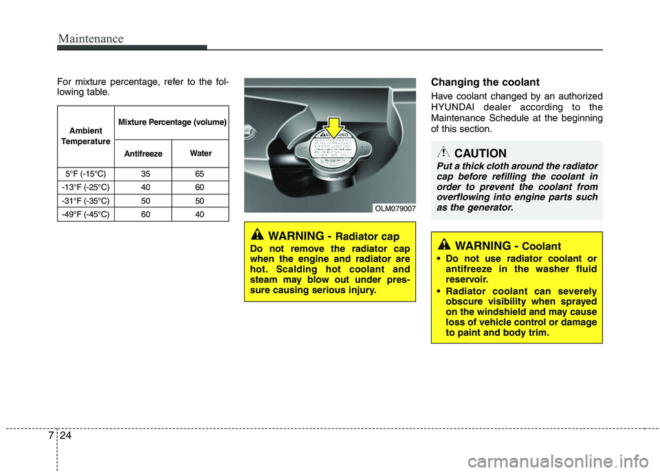 HYUNDAI TUCSON 2010  Owners Manual 
Maintenance
24
7
For mixture percentage, refer to the fol-
lowing table.Changing the coolant
Have coolant changed by an authorized
HYUNDAI dealer according to the
Maintenance Schedule at the beginnin