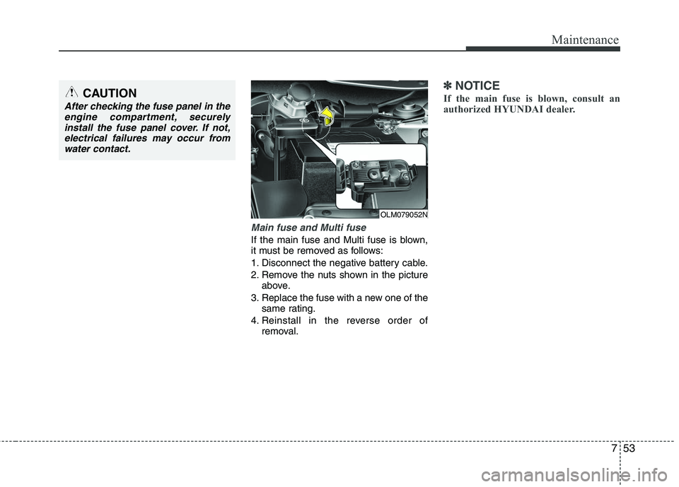 HYUNDAI TUCSON 2010  Owners Manual 
753
Maintenance
Main fuse and Multi fuse
If the main fuse and Multi fuse is blown,
it must be removed as follows:
1. Disconnect the negative battery cable.
2. Remove the nuts shown in the pictureabov