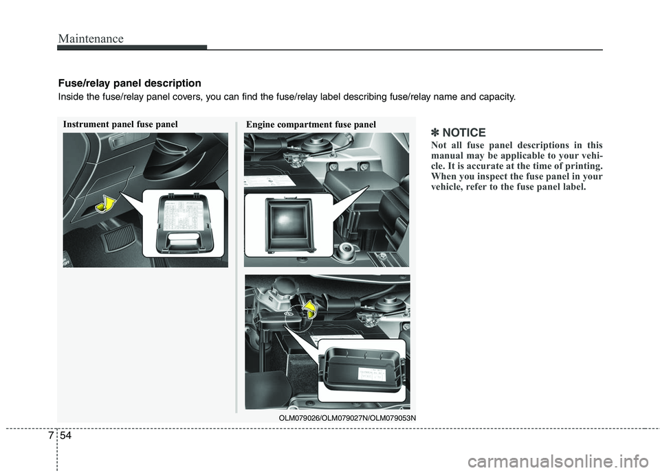 HYUNDAI TUCSON 2010  Owners Manual 
Maintenance
54
7
✽
✽
NOTICE
Not all fuse panel descriptions in this
manual may be applicable to your vehi-
cle. It is accurate at the time of printing.
When you inspect the fuse panel in your
veh